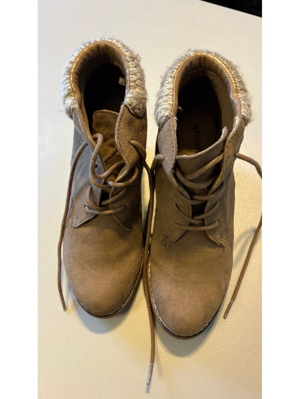 Whitemt. Brown Suede Wedge Ankle Boots with Faux Fur Trim Size 8